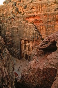 Elevated view of the Nabataean temple called Al-Khazneh and the Pharaoh