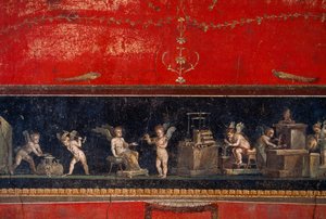 Fresco uncovered at Pompeii shows goldsmithing cherubs at work. Pompeii, Italy.