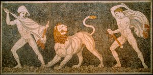 Mosaic depicting Alexander the Great and Hephaestion slaying a lion. Pella Archaeological Museum