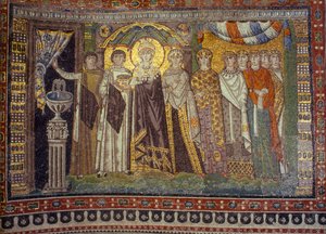 Mosaics show the Empress Theodora flanked by her attendants. San Vitale Church, Ravenna, Italy.