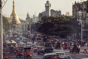Vintage cars clog the city center of Rangoon, Burma