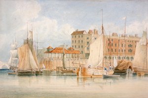 View of Billingsgate Wharf and market with vessels and people, City of London