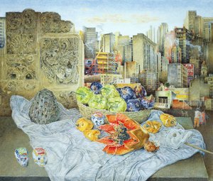 Still Life with Papaya and Cityscape