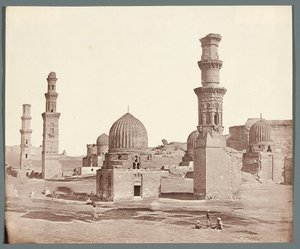 Egypt. Cairo. Southern Necropolis. In the foreground, the minaret at the mausoleum of Ali Badr Al-Karafi (1300-1310), in the background, the minaret Kusum from the Mamluk era by James Robertson