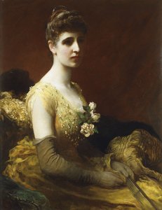 Portrait of Lady Dixon of Rheda, three-quarter length, seated wearing a Yellow Dress with Flowers holding a Fan