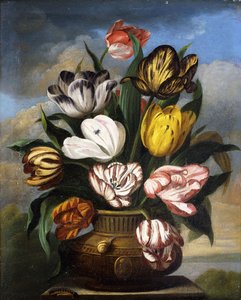 Tulips in a Vase, with a Caterpillar, a Snail, and a Fly, on a Plinth in a Landscape
