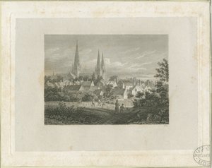 Lichfield Cathedral - North North West view (distant): engraving, nd [c 1816] by James Storer