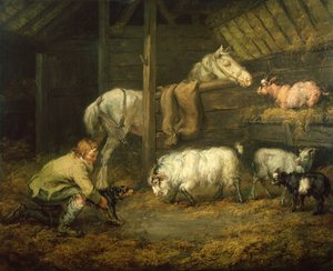 Young Boy and His Dog in a Stable with a Horse and Sheep