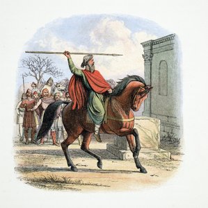 The High Priest, Coifi, profanes the Temple of the Idols, 627 AD, from A Chronicle of England BC 55 to AD 1485, pub. London, 1863 by James William Edmund Doyle