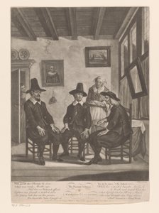 Three men in consultation while a young woman listens at the door (The Parents Scheme or Marriage Consultation) by James Wilson