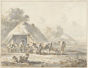 Cattle and Figures in front of a Barn