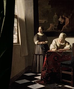Lady writing a letter with her Maid