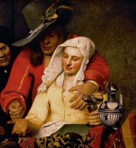 A Man Holds Out a Coin to a Woman Touching Her Breast (detail) by Johannes Vermeer