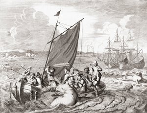 Walrus hunters in the 16th century (engraving) by Jan (after) Luyken