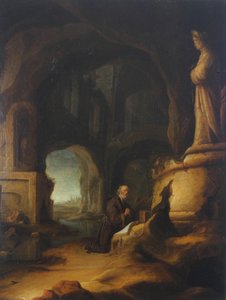 A Hermit at Prayer in a Grotto with Classical Ruins