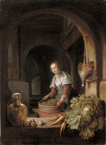 A Maid Preparing Vegetables in a Kitchen by Jan Adriansz van Staveren