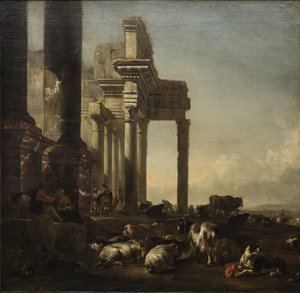 An Italianate Landscape with peasants, cattle and sheep by classical ruins by Jan Baptist Weenix