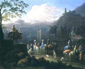 A Party of Travellers near a Harbour by Jan Baptist van der Meiren