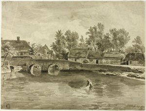 Man Fishing in River Near Village