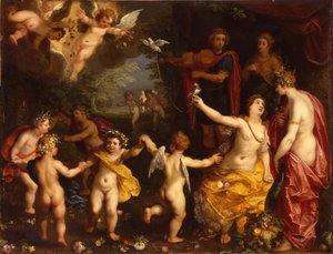 Allegory of love: Venus holding a pair of tethered doves, with Ceres, Apollo and Diana, surrounded by dancing putti, in a landscape