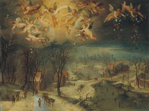 A winter landscape with villagers gathering wood and skaters on a frozen river