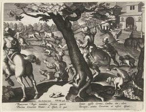 Deer Hunt with Dogs (series: Hunting Scenes, Venationes Ferarum, auium, piscium pvgnae Bestiariorum) by Jan Collaert (II) (attributed to)