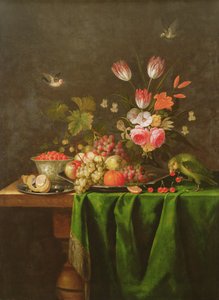 Still Life of Fruit and Flowers with a Parrot on a Table Covered with a Green Cloth