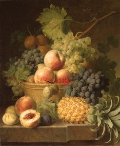 Apples, Grapes, Apricots, and Berries in a Basket with a Pineapple, Grapes and other Fruit on a Marble Ledge