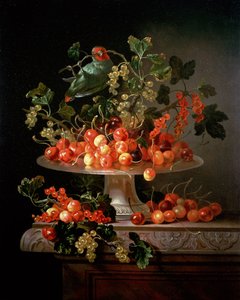 A Still Life of Cherries and Currants with a Parrot by Jan Frans van Son