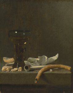 Still Life with Roemer, Clay Pipe and a Lit Taper on a Ledge by Jan Fris