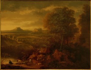 Southern Landscape with Shepherds, Herd, and Hunting Scene