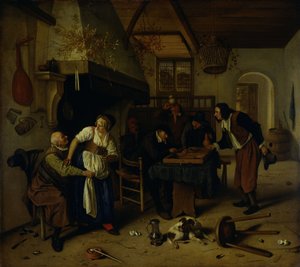 Interior of an Inn with an Old Man Amusing Himself with the Landlady and Two Men Playing Backgammon