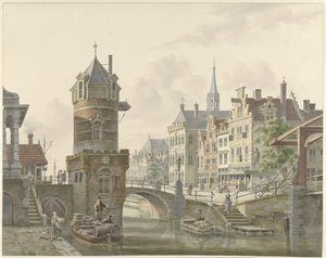 Canal in a City with a Tower near a Stone Bridge