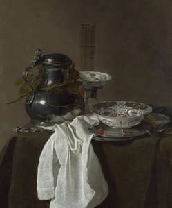 Still Life with a Pewter Flagon and Two Ming Bowls by Jan Jansz. Treck