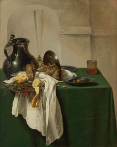 Pewter Jug and Silver Tazza on a Table by Jan Jansz den Uyl