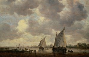 A Canal in Holland, or Two Large Sailing Ships and Cattle Near a River by Jan Josephsz van Goyen