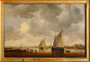 Two Large Sailboats on a River and Animals on the Banks by Jan Josephsz van Goyen