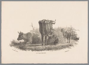 Milking farmer, two cows and a ram (series title: Animal Studies by J. Kobell after Paul Potter No. 1) by Jan Kobell (III)