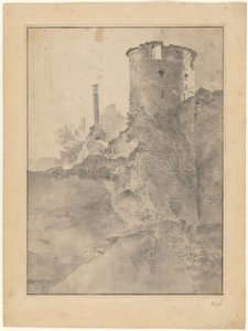 View of an Italianate Round Tower by a Ruined Wall by Jan Lapp
