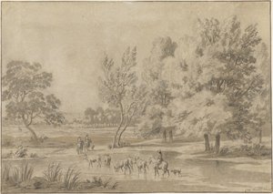 Landscape with Trees, Riders, and Some Cows in a Watering Place