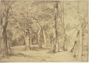 The interior of a forest, with a painter seated at an easel on the right by Jan Lievens