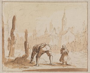 Adriaen Wens searches in the ashes for the mouth screw that had been fitted to his mother in Antwerp in 1573 by Jan Luyken