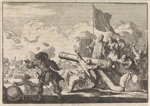 Siege of Groningen with a Cannon Blessed by Six Monks, 1672 by Jan Luyken