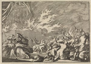Fire of a Wooden Shed Hosting a Theatrical Performance Next to Amalienborg Palace in Copenhagen, 1689 by Jan Luyken