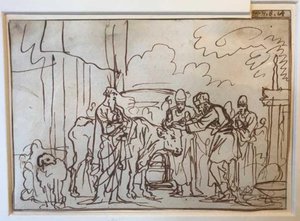 The bull is presented for the sin offering, Aaron and his sons lay their hands on its head (Lev. 8,14) by Jan Luyken
