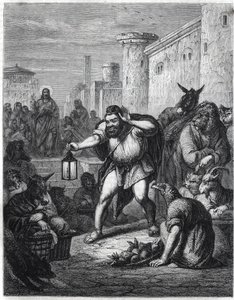 Esop and Christ: the Greek writer Esop (Esop or Esopus, 6th century BC), with a lantern in his hand, crosses a walk among characters with heads of animals in search of a man. Behind him we see Jesus Christ. Illustration inspired by the fable Esope a un