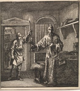 Man Inserts a Burning Candle into the Candlestick Held by Another Man by Jan Luyken
