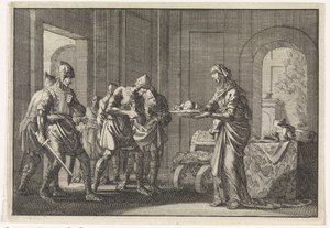 Mother shows warriors the remains of her eaten child during the famine in Jerusalem by Jan Luyken