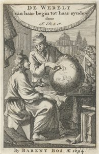 Two Men Studying a Globe (Title Page for: J. Ray, The World from Its Beginning to Its End, 1694) by Jan Luyken