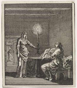 Woman Lights a Reading Woman in a Dark Room with a Candle by Jan Luyken